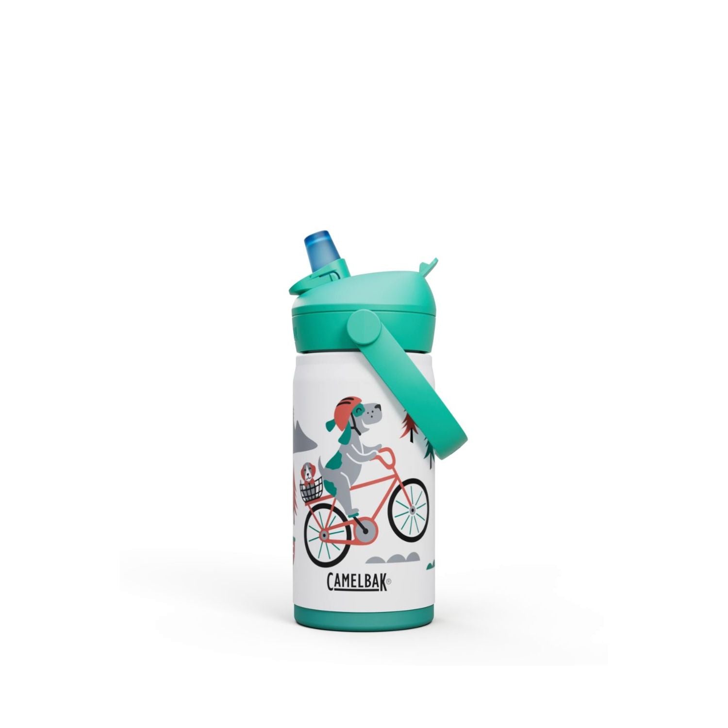 GARRAFA TERMICA CAMELBAK INFANTIL THRIVE FLIP STRAW 12OZ / 354ML - BIKING DOGS (BRANCO/VERDE CLARO)