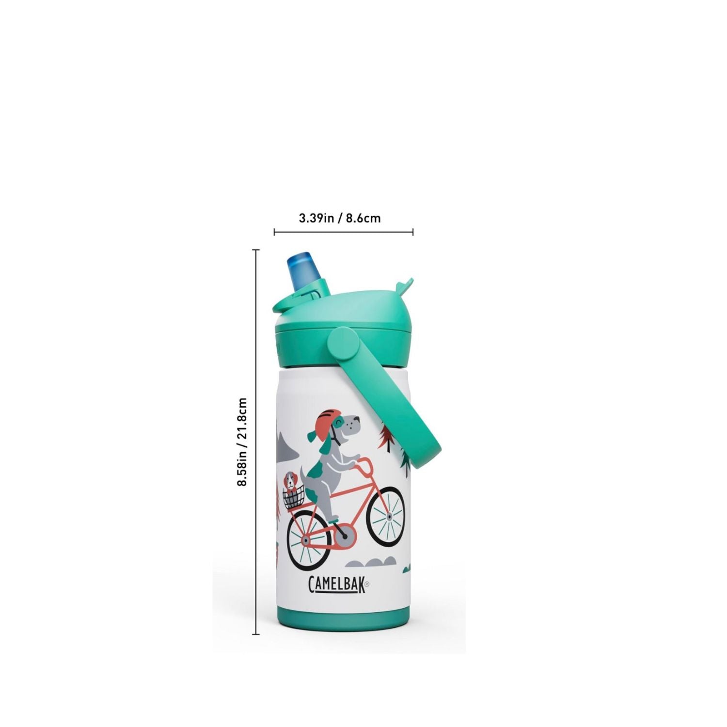 GARRAFA TERMICA CAMELBAK INFANTIL THRIVE FLIP STRAW 12OZ / 354ML - BIKING DOGS (BRANCO/VERDE CLARO)
