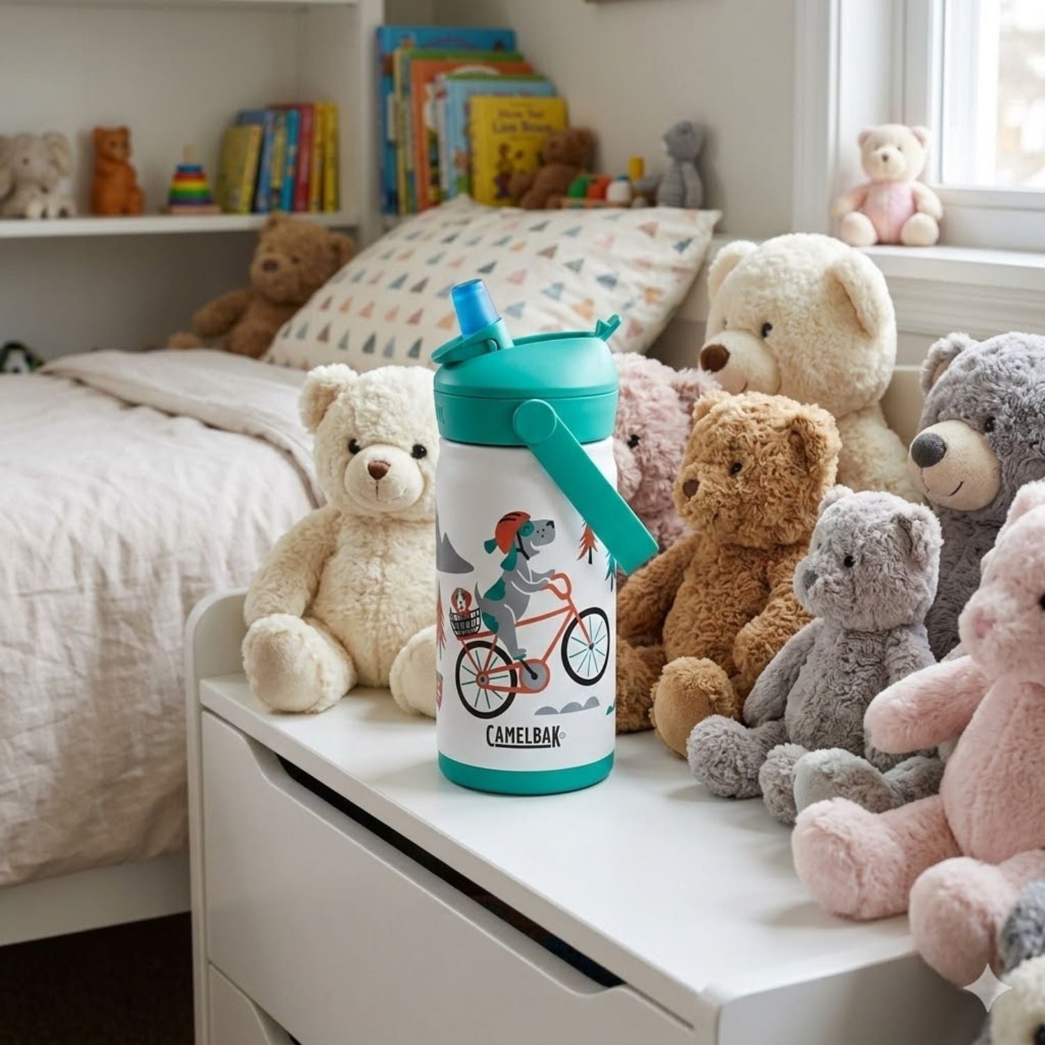 GARRAFA TERMICA CAMELBAK INFANTIL THRIVE FLIP STRAW 12OZ / 354ML - BIKING DOGS (BRANCO/VERDE CLARO)
