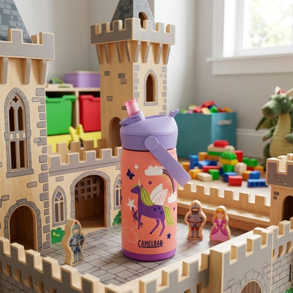 GARRAFA TERMICA CAMELBAK INFANTIL THRIVE FLIP STRAW 12OZ / 354ML - MAGIC UNICORNS (LARANJA/BRANCO)
