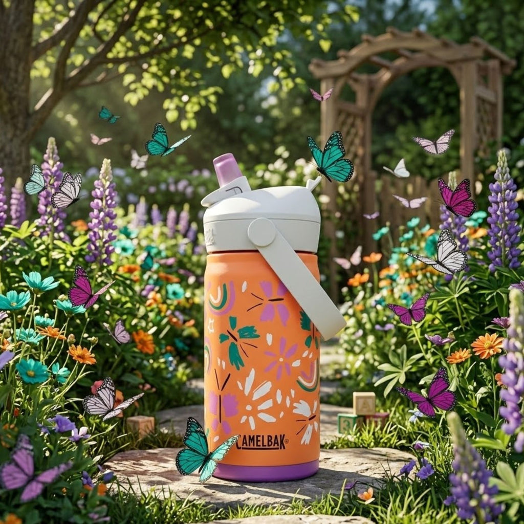 GARRAFA TERMICA CAMELBAK INFANTIL THRIVE FLIP STRAW 12OZ / 354ML - BUTTERFLY RAINBOW (ROSA/LILAS)

